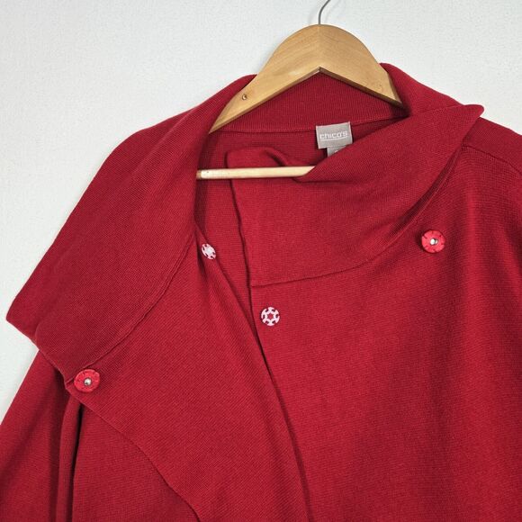 Chico's Convertible Cardigan Sz 2-L Red 100% Cotton Long Sleeve Snap Closure - Picture 3 of 14